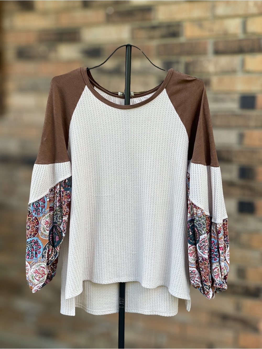 Umgee Large Cream Brown Floral Balloon Sleeve Waffle Knit Boho Top